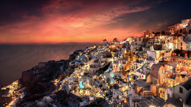 Обои картинки фото города, санторини , греция, закат, вечер, огни, панорама