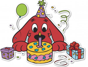 Картинка рисованное праздники собака торт подарки колпак шарик свеча