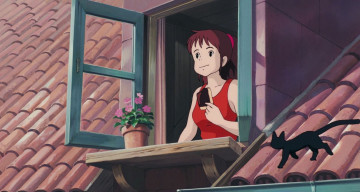 Картинка ведьмина+служба+доставки аниме kiki`s+delivery+service девушка окно крыша кошка