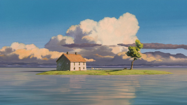 Обои картинки фото аниме, spirited away, дом, остров, дерево, море, облака