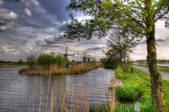 Картинка рейн kinderdijk holland природа реки озера ветряки