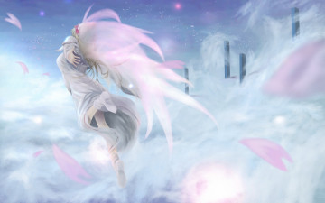 Картинка аниме angels demons платье девушка крылья сияние порыв лепестки