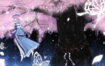 Картинка аниме touhou девушка платье цветущая вишня дерево лепестки сияние бабочки ночь вязь ленты