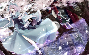 Картинка аниме touhou девушки двое цветущая вишня лепестки сад платья ветер улыбка бабочка веер