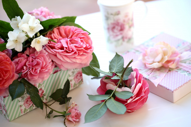 Обои картинки фото цветы, разные, вместе, коробка, розы, жасмин