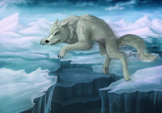 обоя рисованные, животные, волки, волк, лед