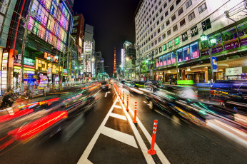 Картинка города токио Япония улица дорога движение ночь автомобили суета street tokyo japan