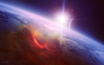 Картинка космос арт звезда лава спутник планета