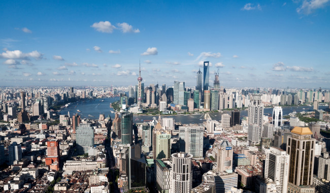 Обои картинки фото города, шанхай, китай, панорама, телебашня, река