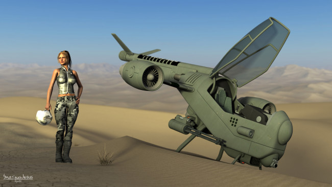 Обои картинки фото 3д графика, фантазия , fantasy, самолет, пустыня, взгляд, девушка