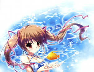 Картинка аниме mikeou+ artbook mikeou арт девочка взгляд рыбка звёздочки вода