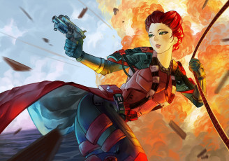 Картинка фэнтези девушки девушка пистолет солдат взрыв костюм веревка плащ взгляд рыжая major debora