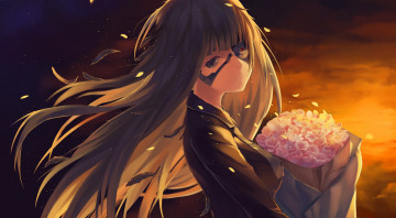 Картинка аниме оружие +техника +технологии арт девушка киборг букет цветы