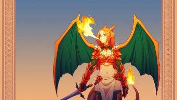 Картинка аниме pokemon арт dav-19 charizard чаризард девушка меч крылья огненный пламя