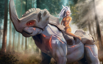 Картинка фэнтези красавицы+и+чудовища девушка робот носорог лес фантастика взгляд белые волосы