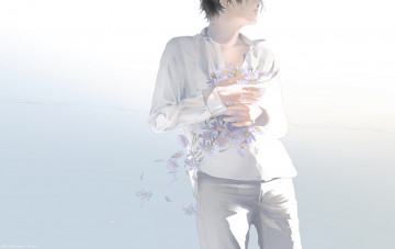 Картинка аниме unknown +другое парень re art белая одежда лепестки цветы