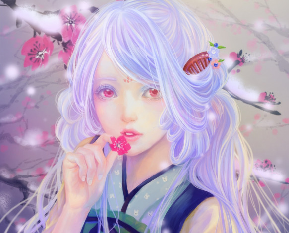 Обои картинки фото аниме, unknown,  другое, девушка, sunmomo, арт, ветви, цветы, сакура