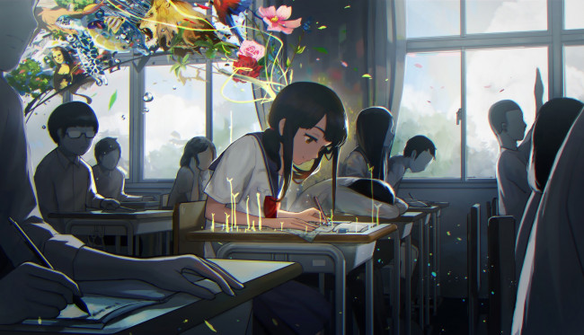 Обои картинки фото аниме, unknown,  другое, tsukun112, ученики, класс, цветы, девочка, мальчики, школа, арт, парты