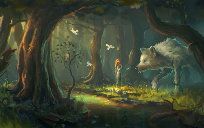 Обои картинки фото фэнтези, красавицы и чудовища, девушка, волк, лес, арт, фантазия, деревья, птицы
