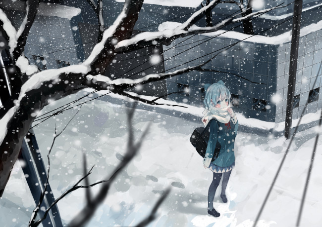 Обои картинки фото аниме, touhou, сумка, форма, шарф, провода, улица, деревья, здания, город, зима, снег, девушка, cirno, bou, shaku