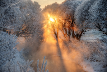 Картинка природа восходы закаты зима река рассвет иней