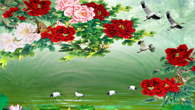 Обои картинки фото векторная графика, цветы , flowers, фон, цветы, птицы