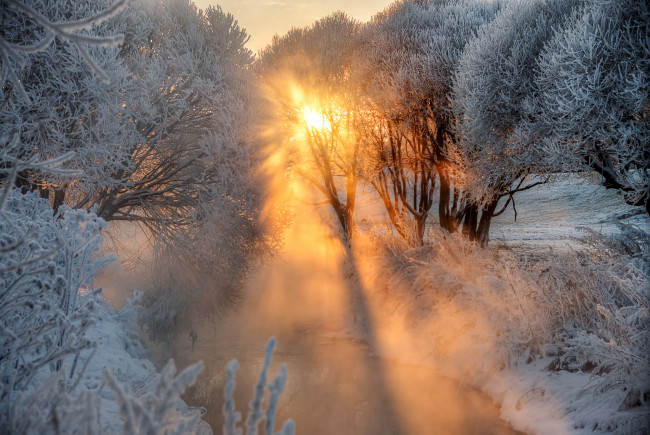 Обои картинки фото природа, восходы, закаты, зима, река, рассвет, иней