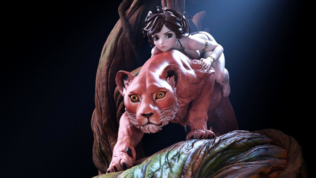 Обои картинки фото фэнтези, красавицы и чудовища, девушка, львица, дерево