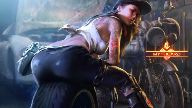 Обои картинки фото видео игры, mythgard, девушка, кепка, сигарета, тату, майка, колесо, мотоцикл