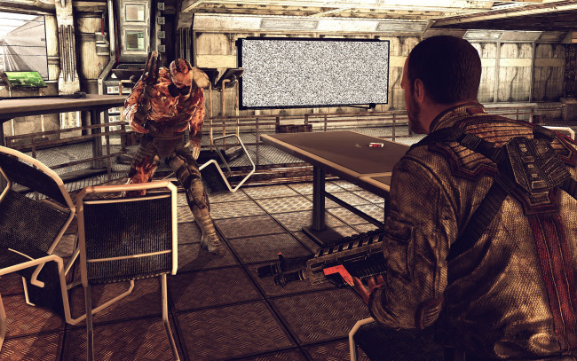 Обои картинки фото видео игры, afterfall,  insanity, человек, оружие, монстр, экран, стол, стулья