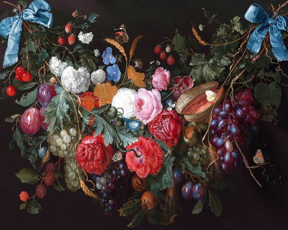 Обои картинки фото рисованные, еда, розы, виноград, банты, малина, тыква, бабочки, сливы