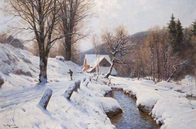 Обои картинки фото рисованные, walter, moras, дом, снег, река, лыжник, деревья