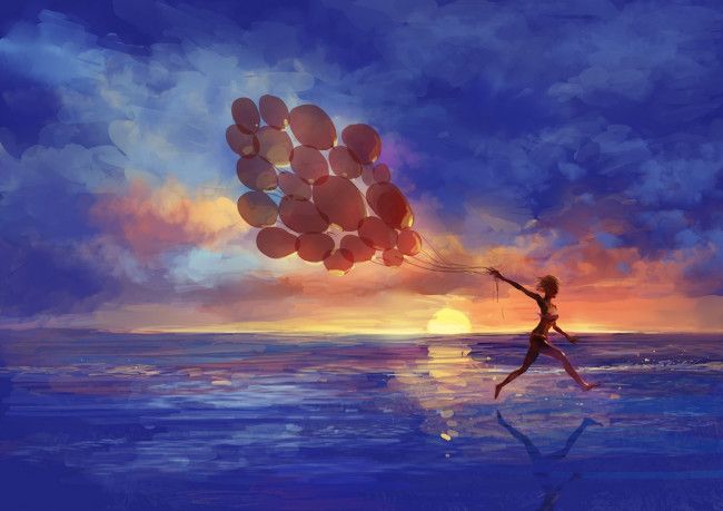 Обои картинки фото рисованные, дети, девочка, море, закат, воздушные, шары, настроение