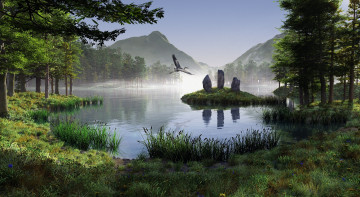 Картинка 3д+графика природа+ nature птица озеро горы рендер пейзаж журавль камни монолит