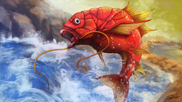 Картинка рисованные животные +рыбы усы брызги водопад красная рыба арт