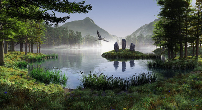 Обои картинки фото 3д графика, природа , nature, птица, озеро, горы, рендер, пейзаж, журавль, камни, монолит