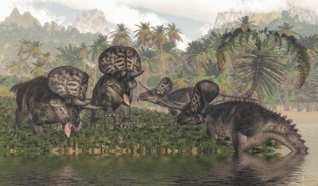 Обои картинки фото 3д графика, животные , animals, динозавры, река, природа