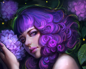Картинка фэнтези девушки лицо красота арт девушка волосы гортензия цветок