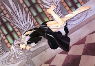 Картинка аниме chobits витраж клетчатый пол платье крылья ушки девушка chii
