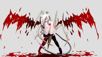 Картинка аниме ангелы +демоны девушка крылья кровь рубашка кости швы шрамы хвост дрель бур лапа монстр шестерни