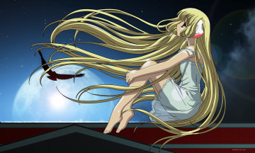 Картинка аниме chobits луна ночь платье крыша небо ушки девушка звезды chii полнолуние птица
