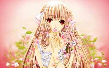 обоя аниме, chobits, chii, девушка, платье, yamionpu, растения, ушки, цветы, лепестки