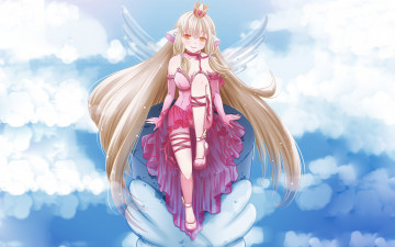 Картинка аниме chobits небо облака ленты девушка chii корона крылья ушки платье
