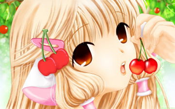 обоя аниме, chobits, вишня, заколка, ушки, девушка, chii, yamionpu, растения, фрукты