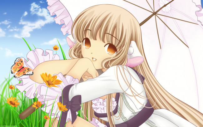 Обои картинки фото аниме, chobits, бабочка, зонт, aneznam, платье, девушка, chii, растения, цветы, трава, ленты, облака, небо, бант
