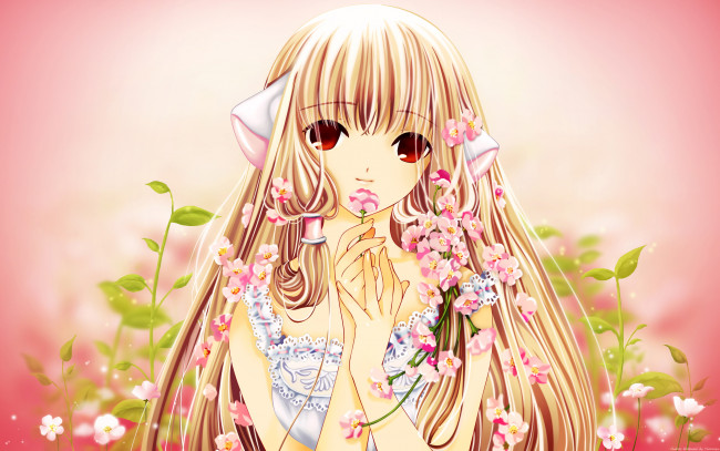 Обои картинки фото аниме, chobits, chii, девушка, платье, yamionpu, растения, ушки, цветы, лепестки