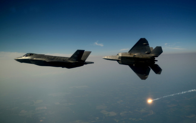 Обои картинки фото авиация, боевые самолёты, vs, ввс, сша, f-22, f-35