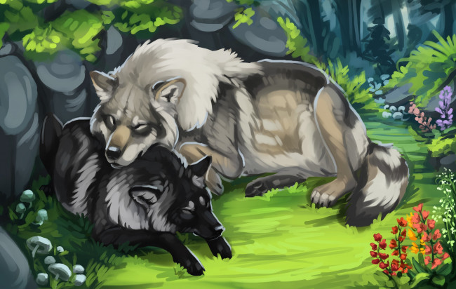 Обои картинки фото рисованное, животные,  волки, цветы, лес, волки