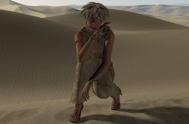 Обои картинки фото 3д графика, фантазия , fantasy, пустыня, фон, взгляд, девушка