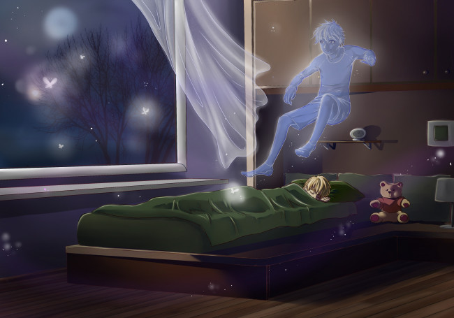 Обои картинки фото аниме, магия,  колдовство,  halloween, арт, кровать, спит, ночь, комната, окно, парень, занавеска, призрак
